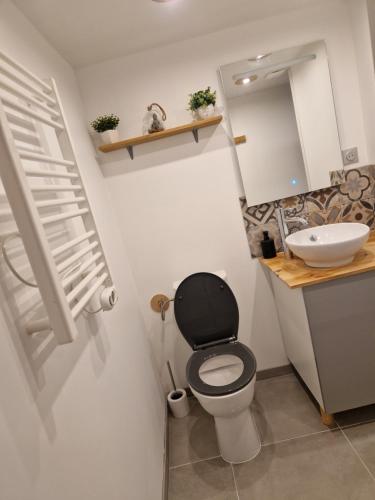 a bathroom with a black toilet and a sink at Maisonnette à 350m de la plage in Berck-sur-Mer