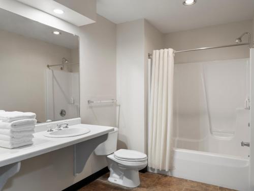 a bathroom with a toilet and a sink and a shower at Avalon Hotel & Conference Center in Chippewa Falls