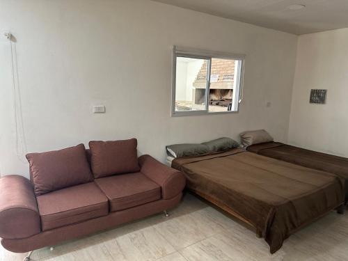 a room with two beds and a couch and a window at Finca Luz in Santiago del Estero