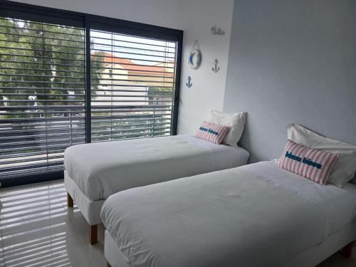 two beds in a room with a window at Casa das 3 Oliveiras in Porto Santo