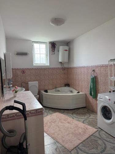 a bathroom with a tub and a washing machine at Villa Noir Sarajevo in Sarajevo
