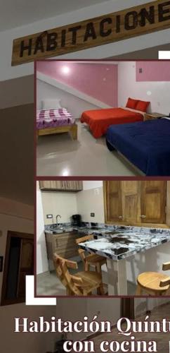 a collage of pictures of a room with a bed and a kitchen at Hotel Plazas Millas Merida in Mérida