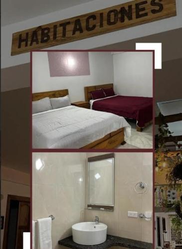 two pictures of a bedroom with a bed and a sink at Hotel Plazas Millas Merida in Mérida
