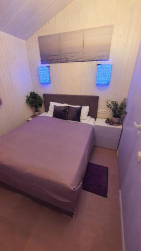 a bedroom with a large bed and two plants at Violetinis namelis/ Sodyba Geras in Anykščiai