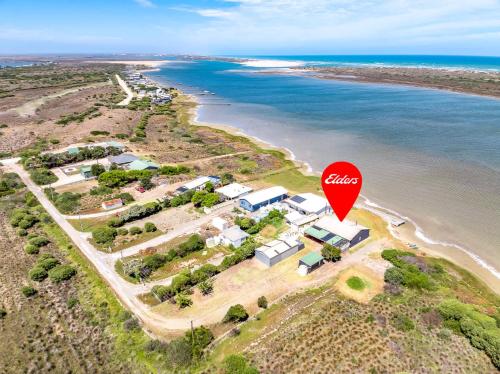 an aerial view of an island with a stop sign at Barnacles Shack - Mills Road in Hindmarsh Island
