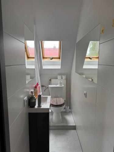 a white bathroom with a toilet and two windows at Cozy Attic Apartment Koszalin in Koszalin