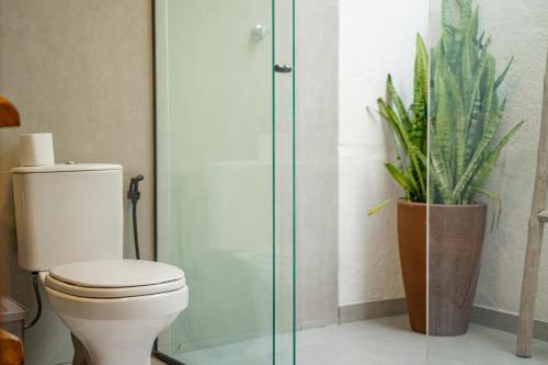 a bathroom with a toilet and a potted plant at Pousada Ville Solare Garden in Santo Amaro