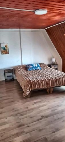 a large bed in a room with a wooden ceiling at Dpto central y remodelado in Valdivia