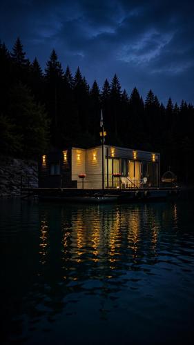 a house on a dock on the water at night at Black Swan Lakehouse in Bicaz
