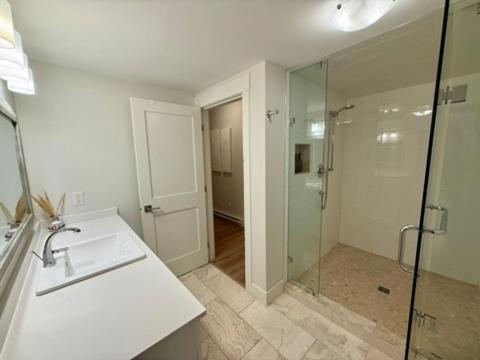 ein Badezimmer mit Waschbecken und Glasdusche in der Unterkunft WT Modern Nest in Kelowna