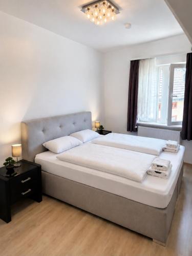 a bedroom with a large bed and a window at Einzelzimmer am Rheim Nierstein in Nierstein