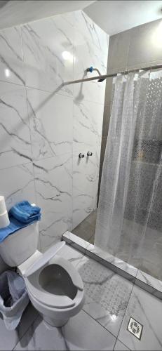 a white bathroom with a shower and a toilet at Departamentos De Cadereyta in Cadereyta Jiménez