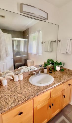 a bathroom counter with a sink and a mirror at Kona Kai Ocean View Suite in Kailua-Kona