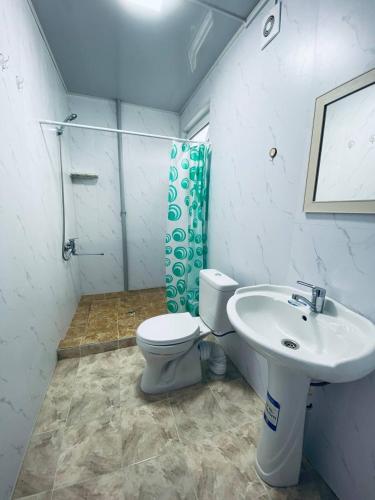 a bathroom with a toilet and a sink at Family nest in Kochkorka