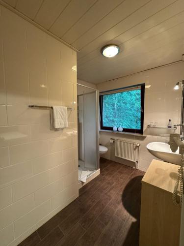 a bathroom with a sink and a toilet and a window at ManusFaktur Waldcafé und Hotel in Nordhastedt