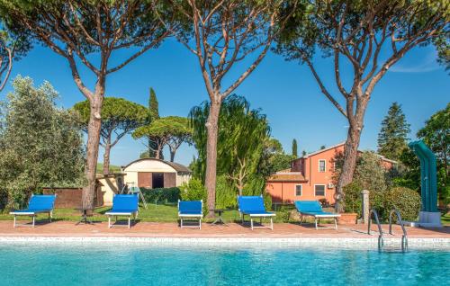 a swimming pool with blue chairs and trees at Awesome Apartment In Roccastrada in Roccastrada