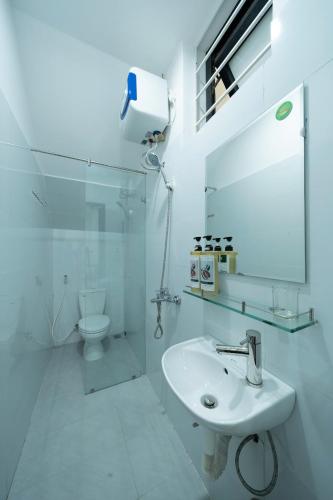 a white bathroom with a sink and a toilet at Dreams Boutique House in Hue City Center in Hue