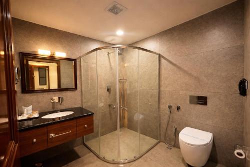 a bathroom with a shower and a toilet and a sink at Park Selections in Bhubaneshwar