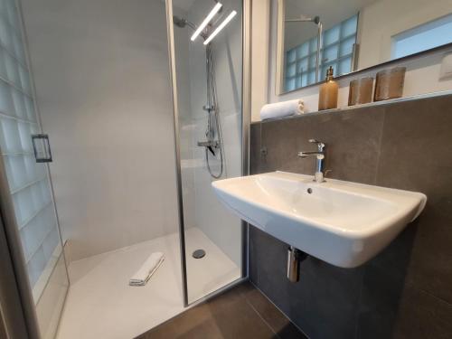 a bathroom with a sink and a shower at Haus Eintracht Appartment 3 in Sankt Peter-Ording