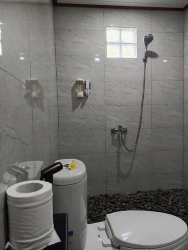 a bathroom with a shower with a toilet and a sink at Kawandini Homestay in Sidemen