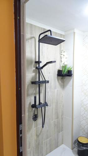 a shower with three shelves in a bathroom at къща за гости Горски чар in Beli Osŭm