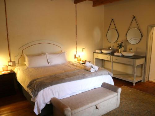 a bedroom with a bed and a sink and mirror at Maskam Manor in Vanrhynsdorp