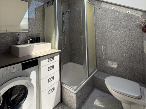 a bathroom with a washing machine and a shower at Haus am Bach in Roitham