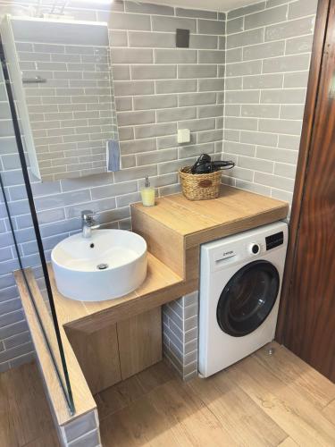 a bathroom with a sink and a washing machine at THEODORAS HOUSE in Iraklitsa