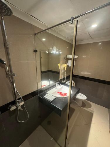 a bathroom with a sink and a toilet at Crown Luxury Hotel in Hanoi