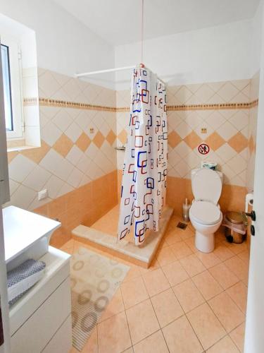 a bathroom with a toilet and a shower curtain at Georgina House in Velianitátika