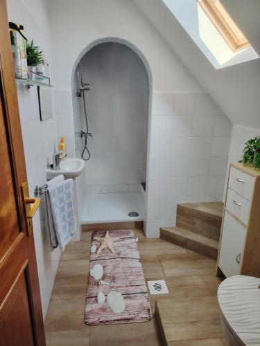 a bathroom with a shower and a sink and a toilet at Silye Vendégház in Hortobágy