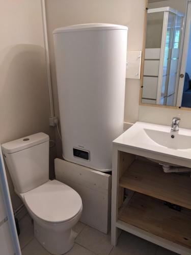 a bathroom with a white toilet and a sink at Le Petit Nid de Martel in Martel
