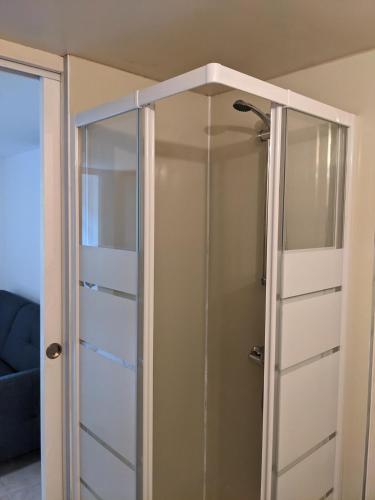 a shower with glass doors in a room at Le Petit Nid de Martel in Martel