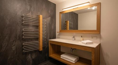 a bathroom with a sink and a mirror at Moderne Ferienwohnung im Bregenzerwald in Au im Bregenzerwald