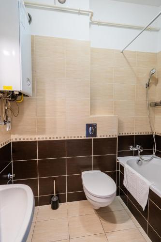 a bathroom with a toilet and a sink at AH-Corso Wellness Panorama Apartman in Siófok