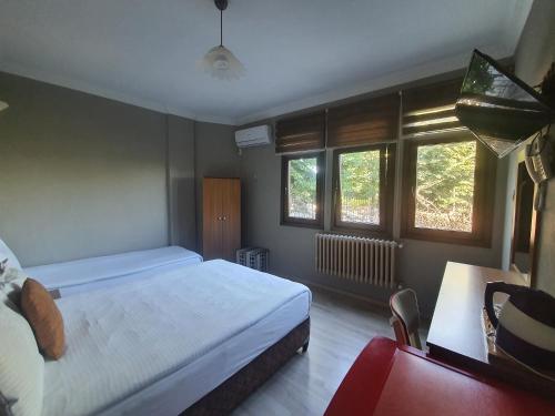 a bedroom with a large bed and two windows at Biter Hotel in Istanbul