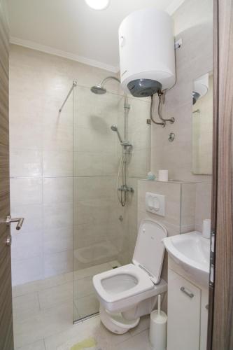a bathroom with a shower and a toilet and a sink at Apartments Stevo Nikočević in Bar