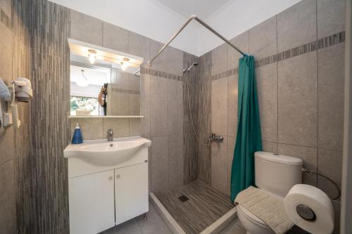 a bathroom with a sink and a toilet and a shower at Villa Verde with Outdoor Jacuzzi in Divarata