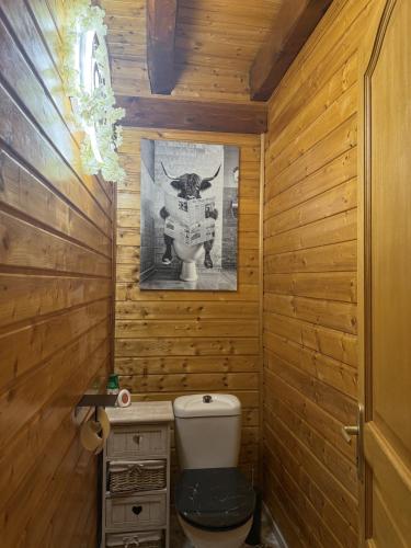 a bathroom with a toilet and a picture on the wall at Le Chalet Hubertus - Climatisé - 80 m2 in Rohrbach-lès-Bitche