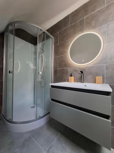 a bathroom with a shower and a sink and a mirror at GR ooms Rents in Gemmrigheim