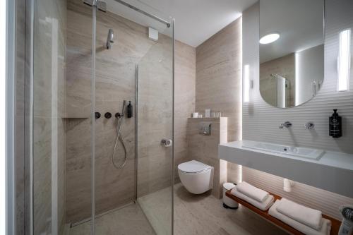 a bathroom with a shower and a toilet and a sink at Dworek Skawiński in Skawina