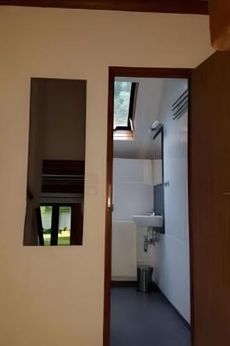 a view of a bathroom with a sink and a mirror at Ferienhaus Tindy am Silbersee in Frielendorf