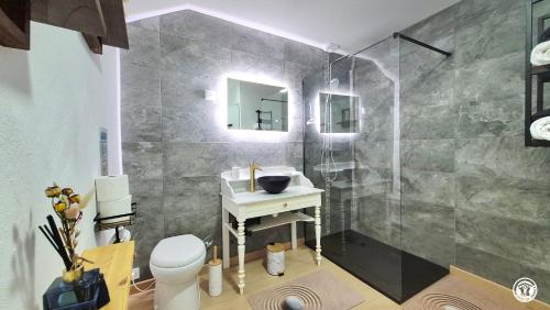 a bathroom with a sink and a toilet and a mirror at Chez l'tiote morvandelle in Montigny-en-Morvan