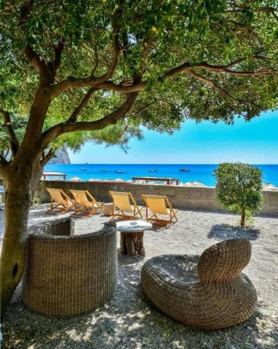 a group of chairs and a table and a tree at W beach house in Buljarica