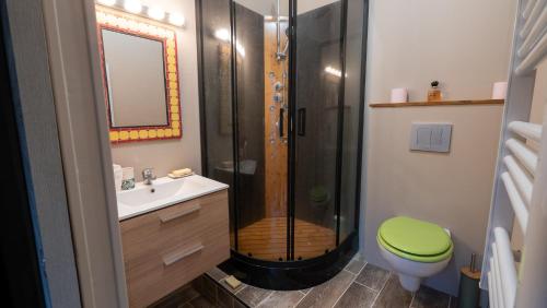 a bathroom with a shower with a toilet and a sink at La Salamandre Enchantée in Louzac - Saint-André