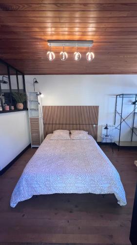 a bedroom with a large bed with a wooden ceiling at Gîte du Riou Sec in La Roque-Sainte-Marguerite