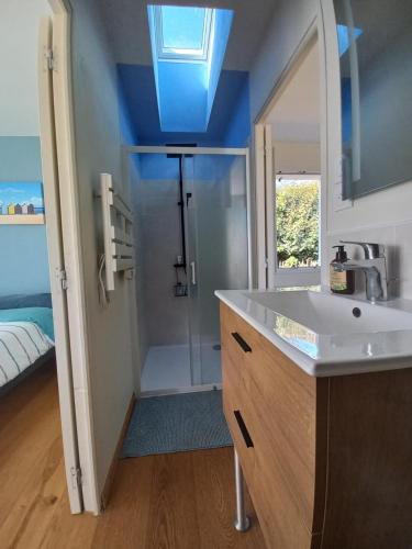 a bathroom with a sink and a shower at Échappée iodée et nature à l'Île d'Oléron in Saint-Georges-dʼOléron