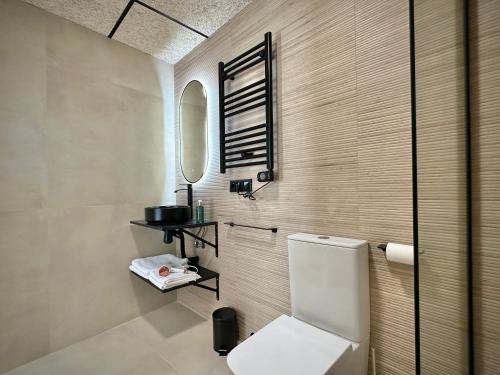a bathroom with a white toilet and a mirror at Akasa Rooms Estación in Alicante