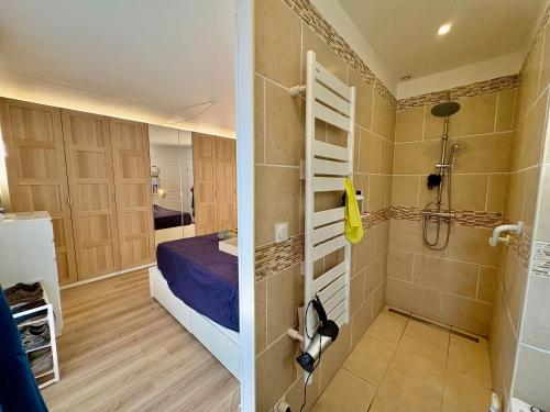 a bathroom with a shower and a bed in a room at Les Carnoulettes in Carnoules
