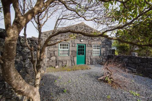 a stone building with a green door and a tree at Casa do Alambique in Santa Luzia
